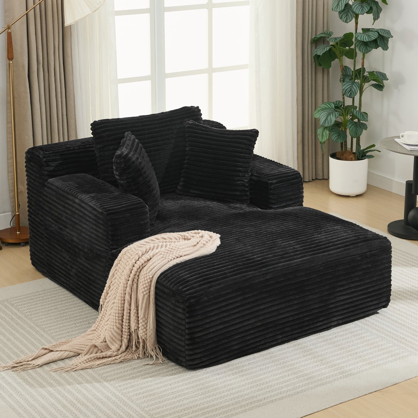 NEW Modern Black Corduroy Chaise Lounge Sofa Bed with Removable Pillows, 48.8' Upholstered Sleeper Sofa