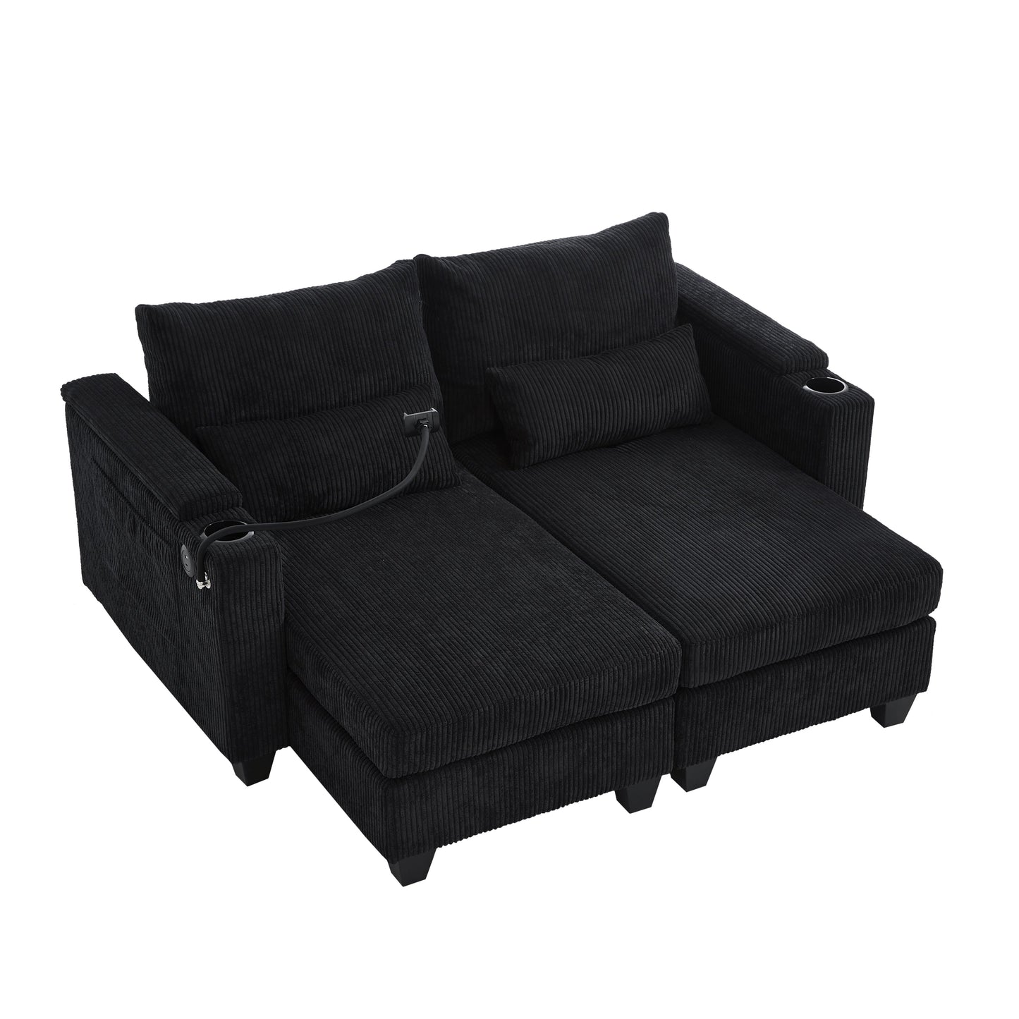 NEW Convertible Chaise Lounge 63' Loveseat Sofa Bed with USB Ports, Cup Holders, Phone Holder & Storage, Black Corduroy