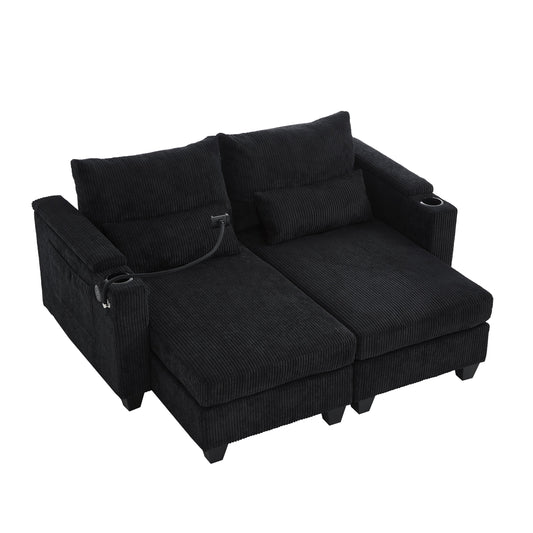 NEW Convertible Chaise Lounge 63' Loveseat Sofa Bed with USB Ports, Cup Holders, Phone Holder & Storage, Black Corduroy