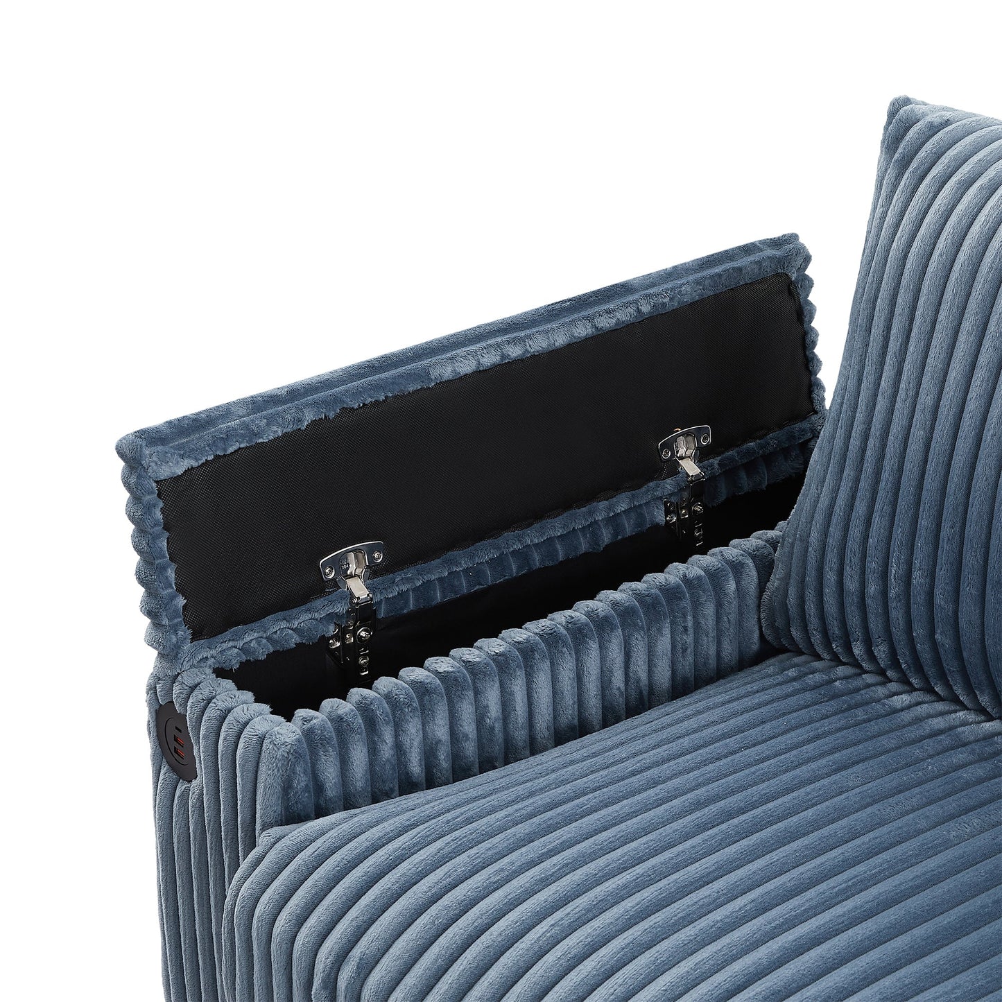NEW Modern 4-Seater Corduroy Sofa Couch with USB Ports, Hidden Storage, Flip-Top Cup Holders, Blue, 133'