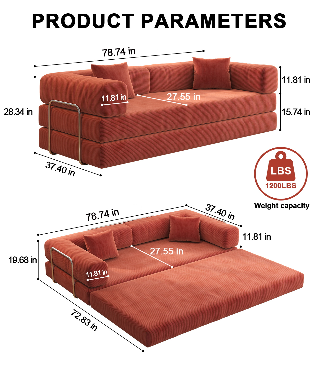 NEW 78.8inch Modular Sectional Convertible Pudding Block Compression Sofa Couch Bed