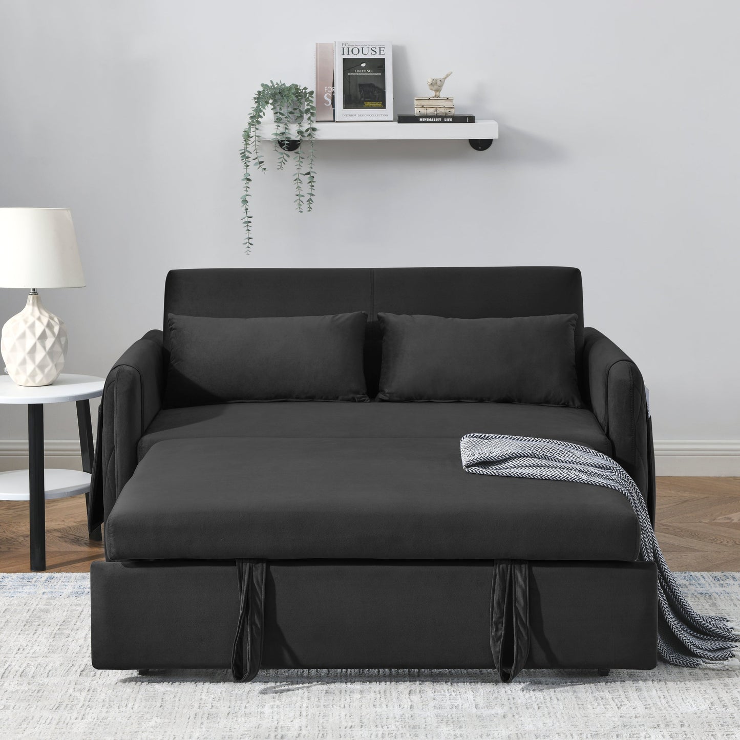 NEW 55' Modern Convertible Sofa Bed with 2 Detachable Arm Pockets, Velvet Loveseat Sofa with Pull Out Bed 2 Pillows Adjustable Backrest Grid Design Armrests