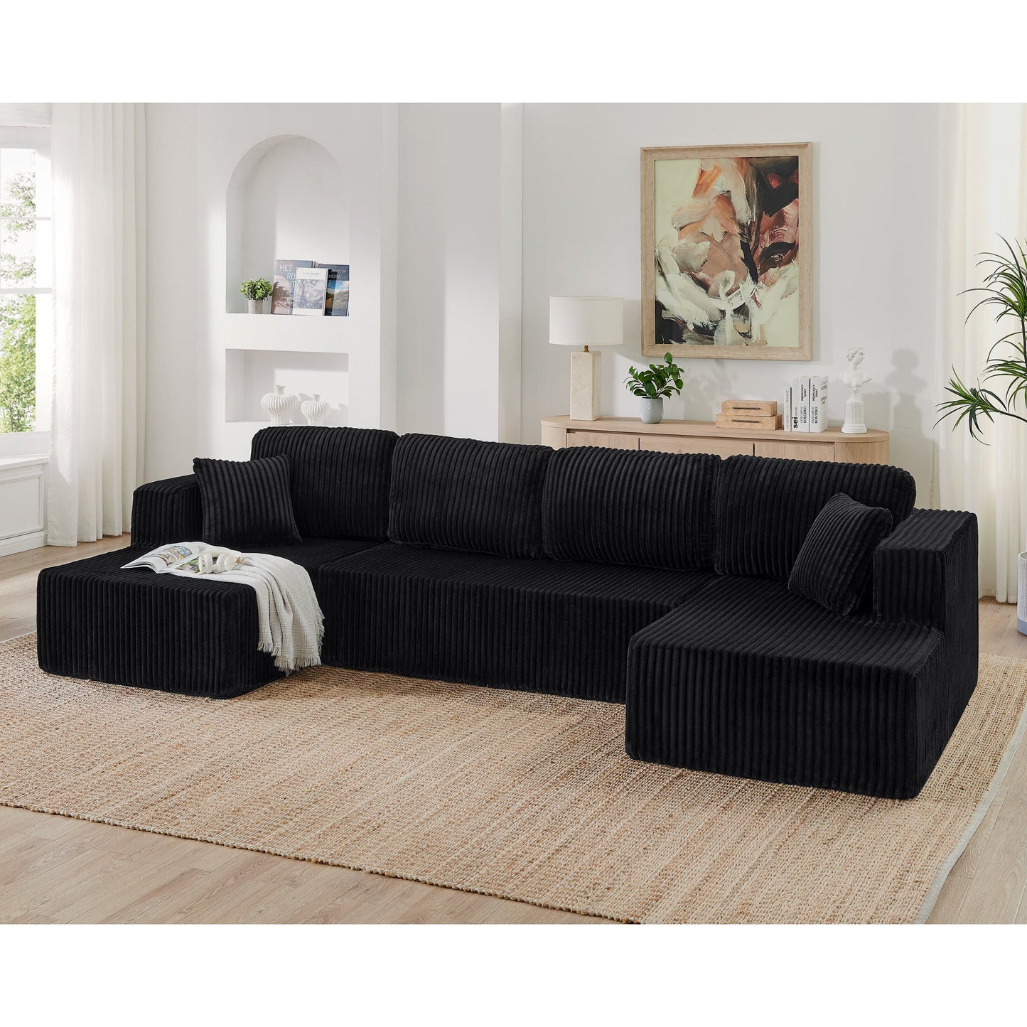NEW Modern Black Corduroy Minimalist U-Shape Modular Sectional Sofa Sleeper