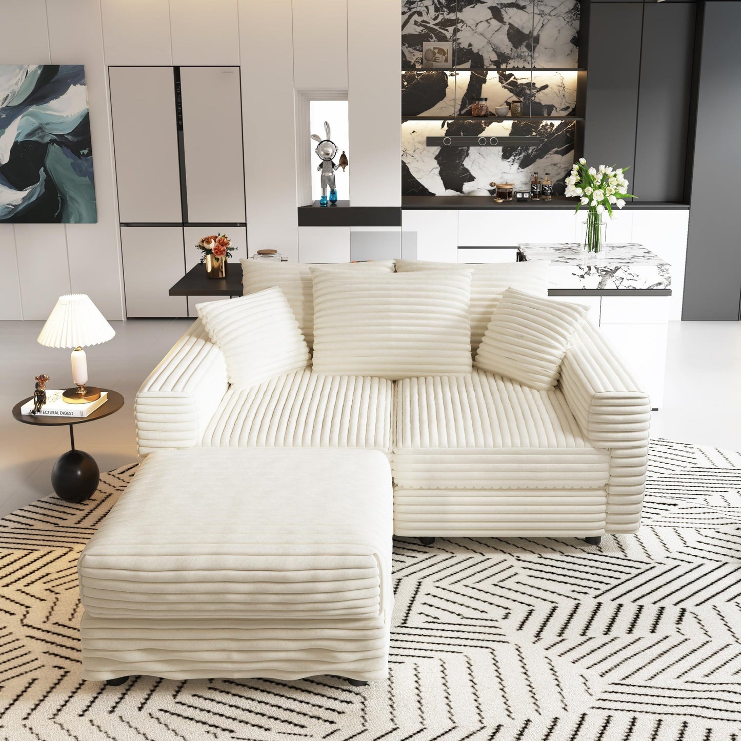 NEW 82.7 ' Plush Beige Corduroy Modern Comfy Upholstered Deep 3-Seat Sofa Couch Convertible Lounge Chair with Soft Pillows and Ottoman