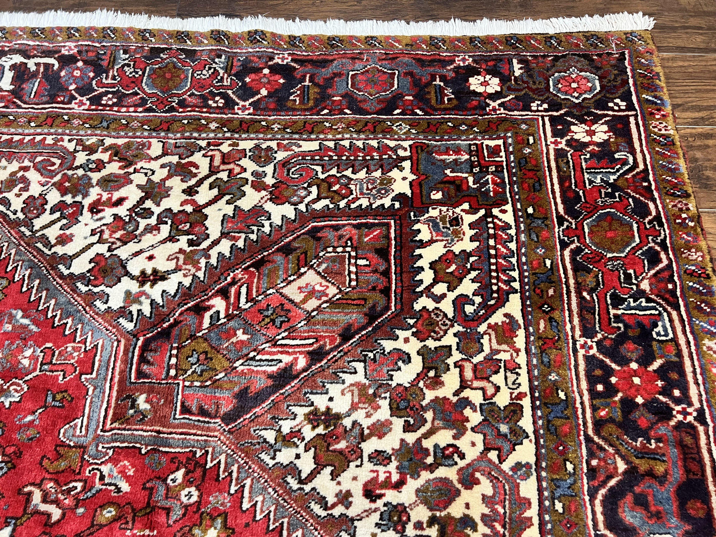 USED Large Persian Heriz Rug 10x13, Wool Hand Knotted Antique Carpet, Red and Ivory, Geometric Tribal Room Sized Rug, Decorative Oriental Rug