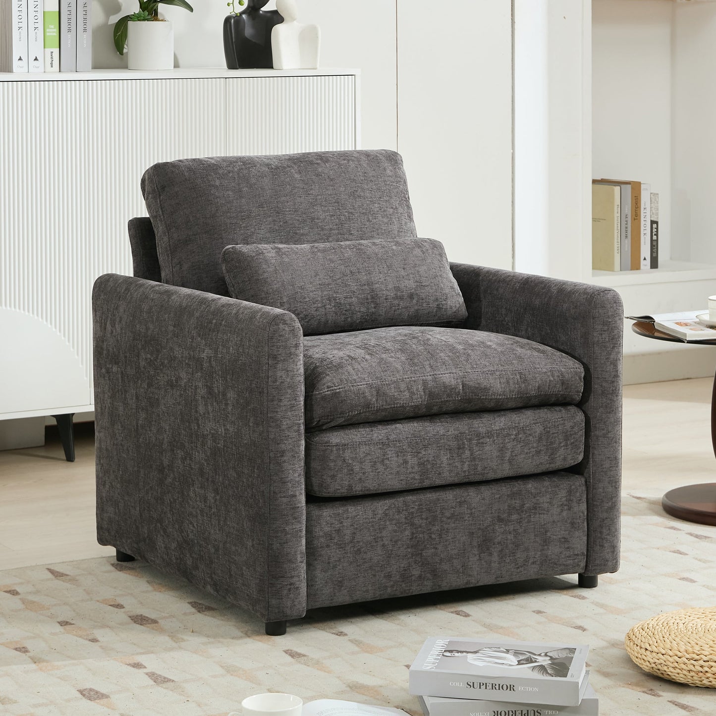 NEW Cozy Upholstered Armchair with Double Cushion in Grey Chenille, 31.9 Inches