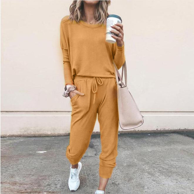 New Women's Long Sleeve Suit Fashion Pullover Top And Pockets Drawstring Long Pants Solid Color Casual Sports Trouser Suit Clothing