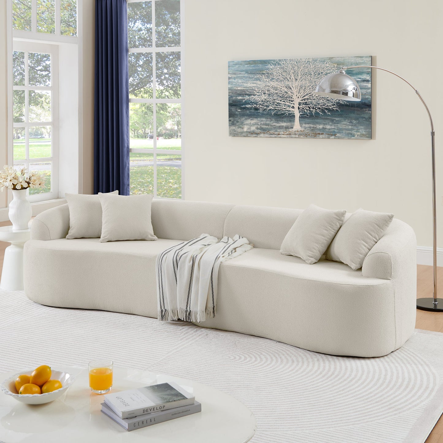 NEW Beige Minimalist Curved Modular Sectional Sofa in Lamb's Wool Fabric