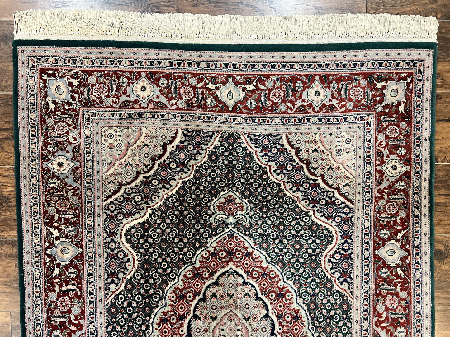 USED Sino Persian Rug 4x6, Wool with Silk Highlights, Fine Hand Knotted Carpet, Green & Maroon Red, Herati Medallion, Vintage Rug