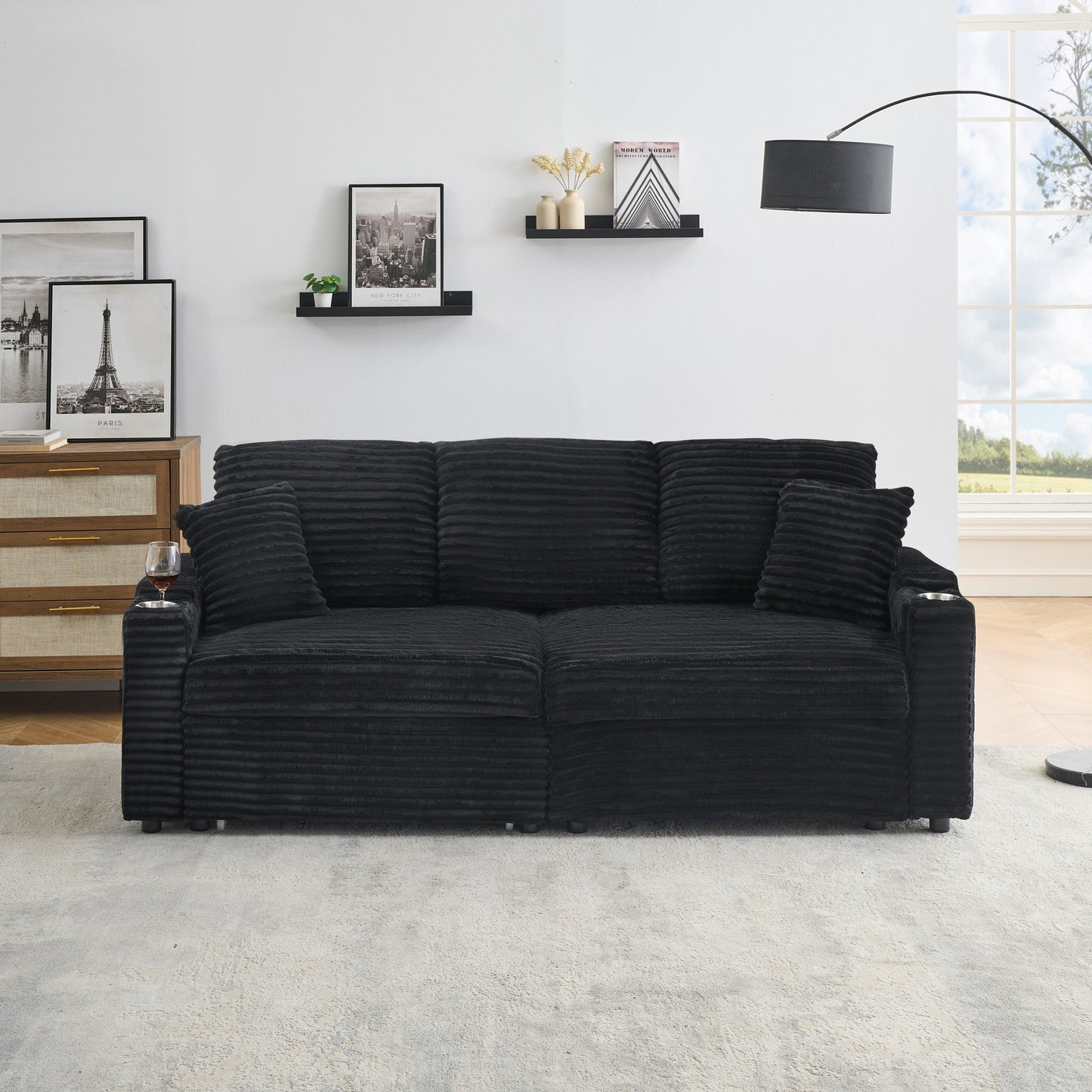 NEW 80-inch 2-in-1 Folding Black Corduroy fabric Sofa equipped with Cup Holder and Pillow