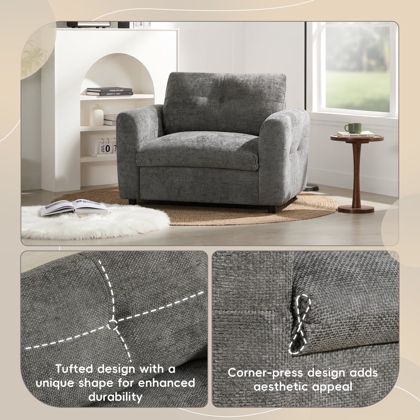 NEW 42*33' Single Sofa, Armchair with Wide Seat, Dual-port Charger, Pull-line & Tufted Design, High-density Foam, Suitable for Living Room & Apartment, Chenille, 2 Colors