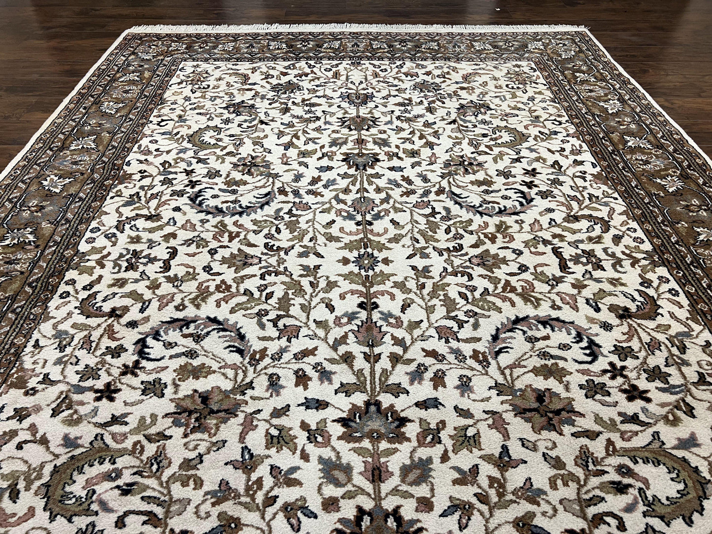 USED Indo Kirman Rug 8x12 Allover Floral Design, Ivory/Cream Brown, Vintage Handmade Hand Knotted Rug, Traditional Wool Persian Carpet 8 x 12