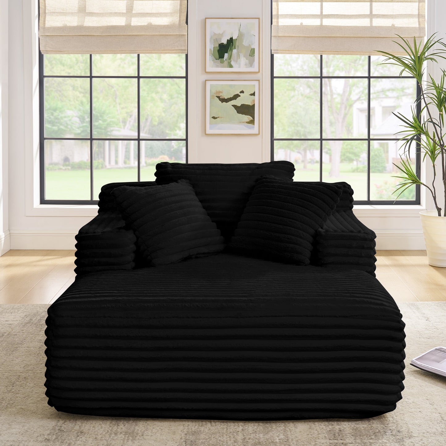 NEW Compressed Chaise Lounge Foam Fluffy Black Corduroy Upholstered Cloud Sofa Bed Couch with Deep Seat