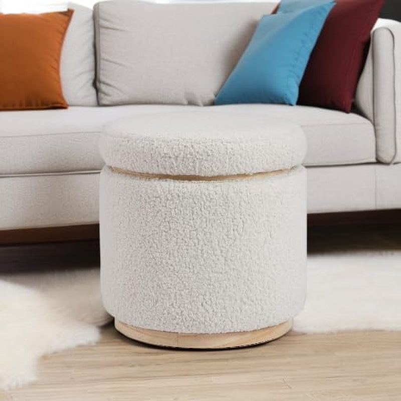 NEW Cream Sherpa Deluxe Storage Ottoman Solidwood Base