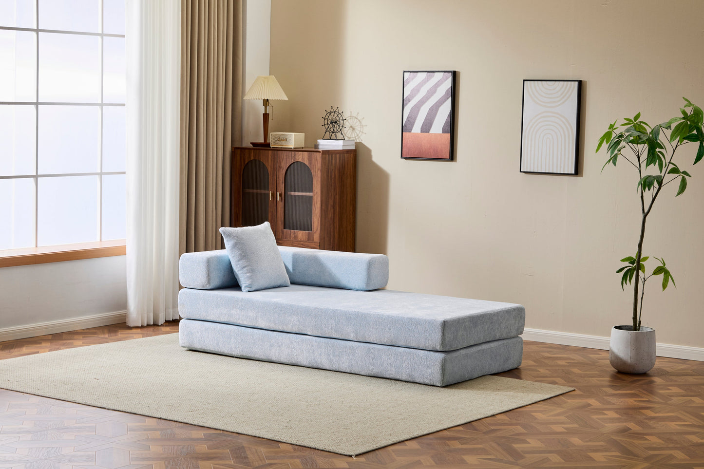 NEW Light Blue Chenille Fabric Floor Couch Compression Convertible Sofa Bed with Pillow Back Support Armrest Comfy Futon Couch Lounge Sleeper Bed