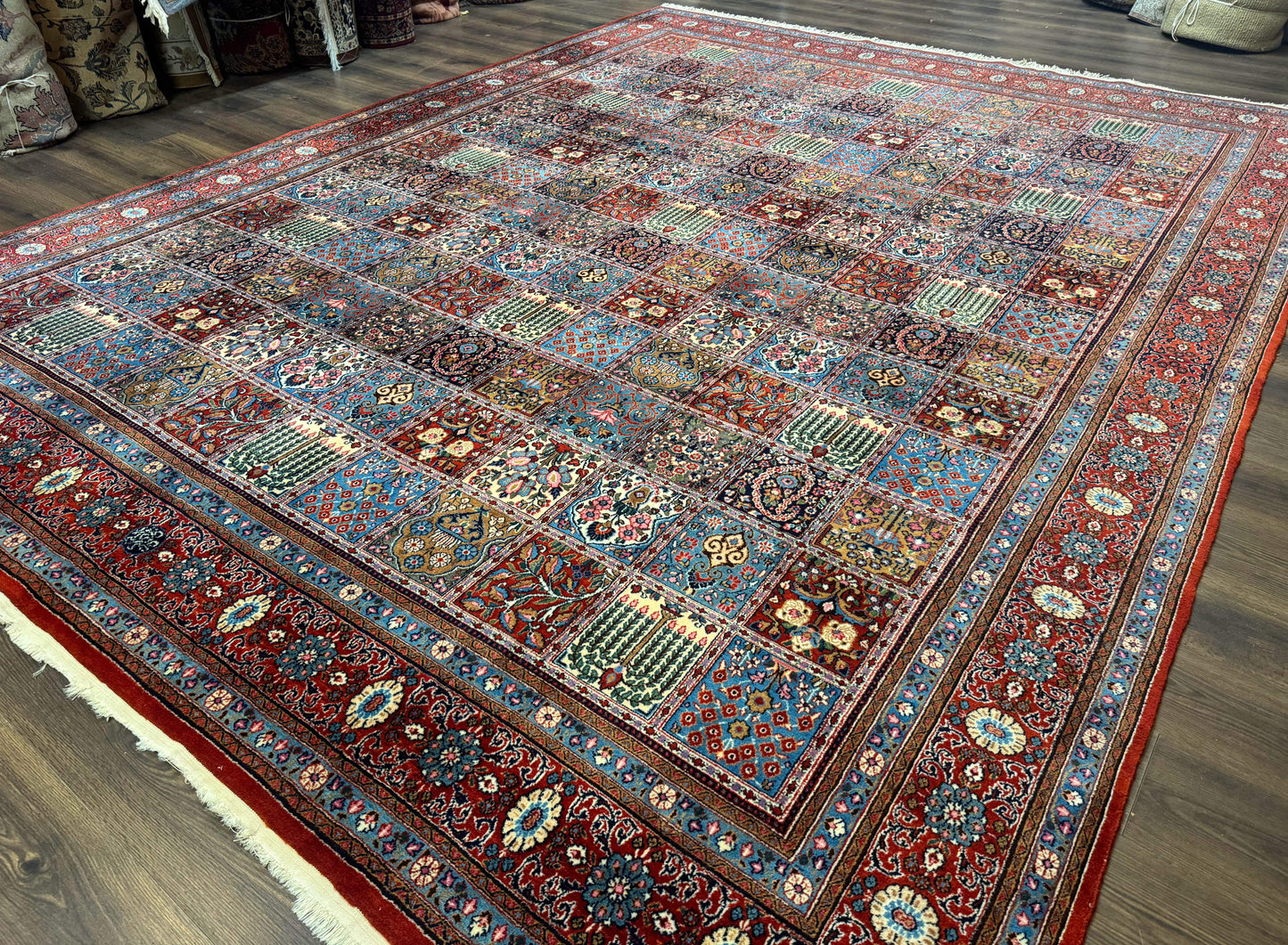 USED Wonderful Persian Qum Rug 10x13, Panel Design, Fine 260 KPSI, Signed, Red Multicolor
