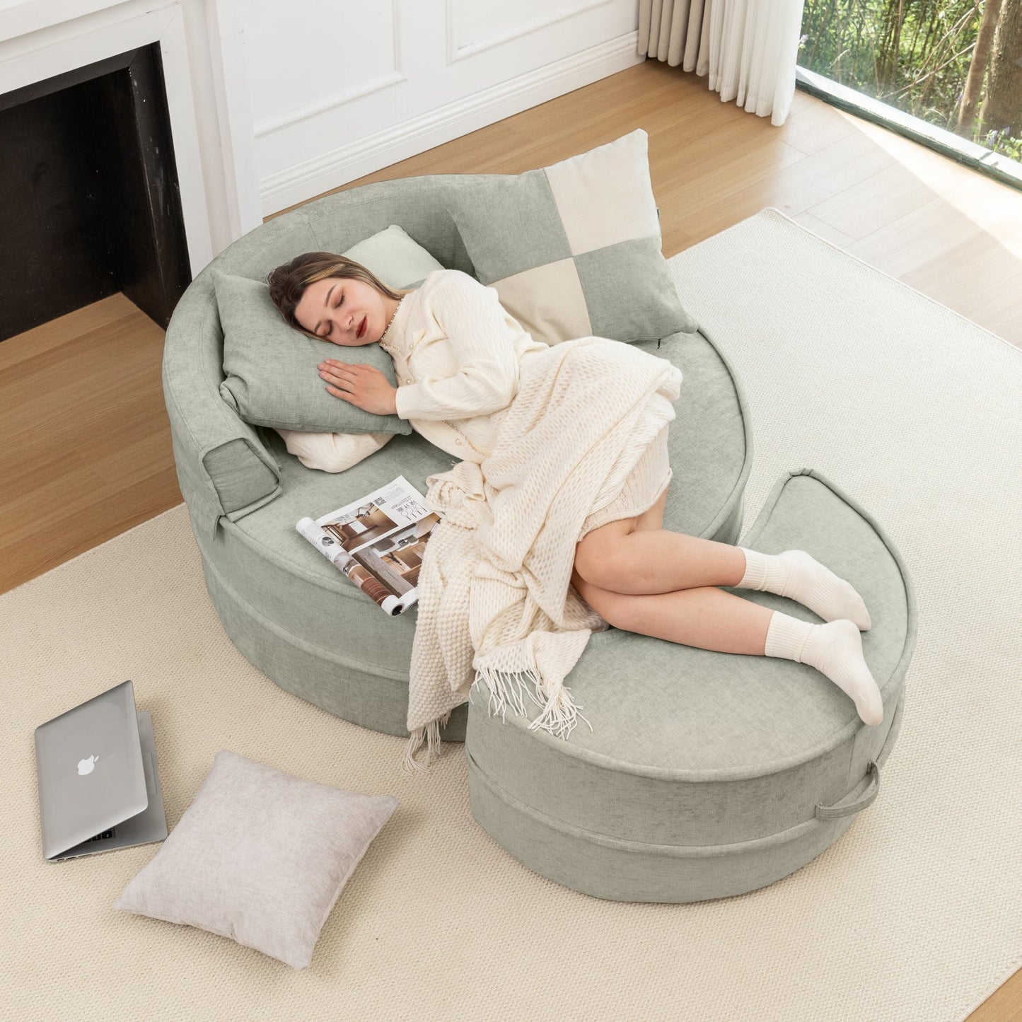 NEW Modern Oversized Blue Round Barrel Accent Chair with Ottoman - Velvet Upholstered Lounge Armchair with 5 Pillows for Living Room or Bedroom