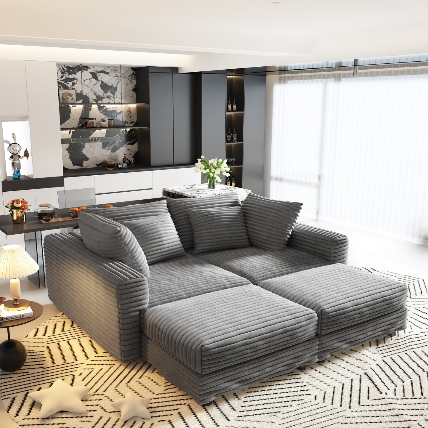 NEW 104.3' Modern Grey Convertible Lounge Chair Comfy Upholstered Plush Corduroy 4-Seat Sofa Cloud Deep Seat Couch with Soft Pillows and 2 Ottomans