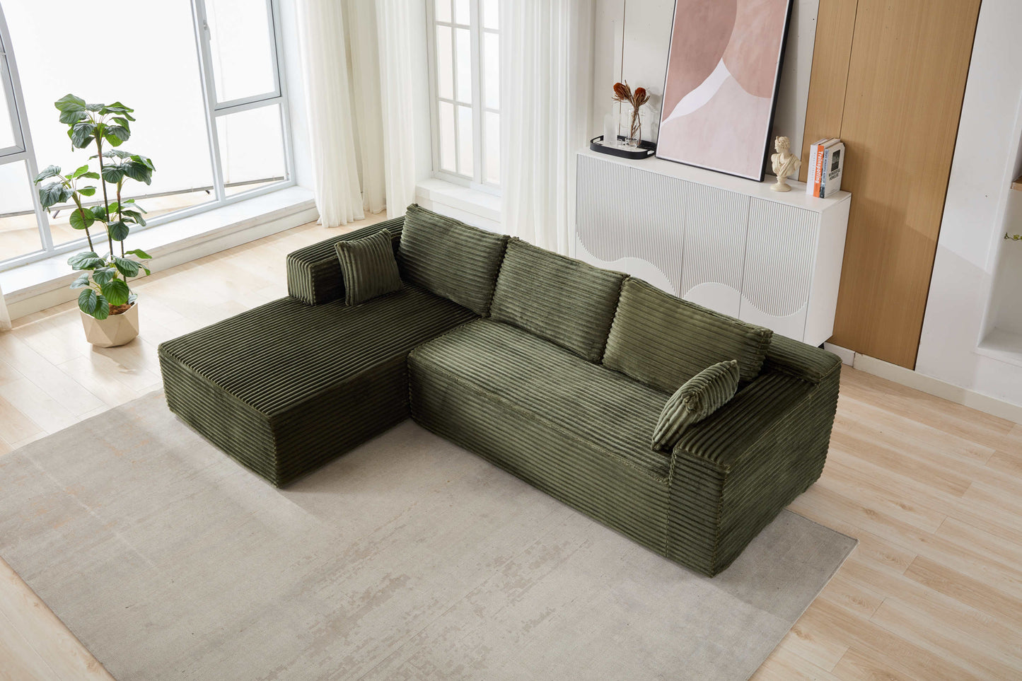 NEW Compression Sectional Couch with Comfy Chaise, Boneless L Shape Sofa with Deep Seat, Minimalist Modular Couches Sleeper for Living Room Bedroom Apartment Lounge,corduroy,Green