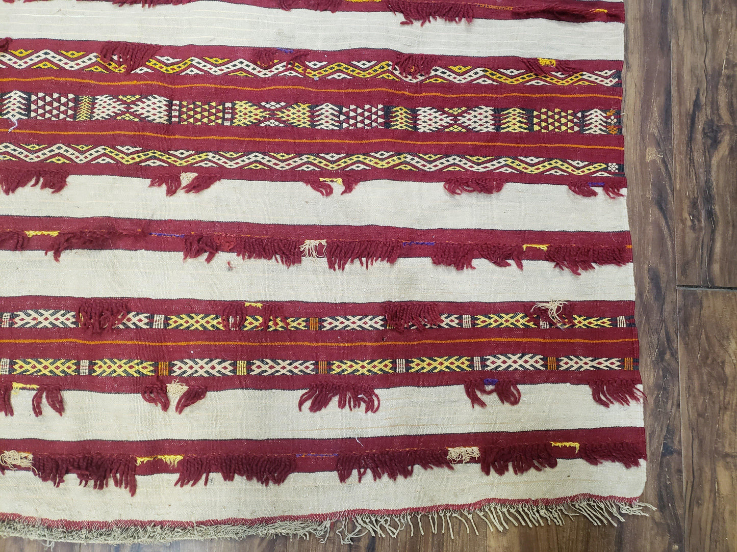 USED Antique Turkoman Yamud Rug 3x5 ft, 1920s Turkmen Sofreh Table Cover, Bohemian Rug, Tribal Collectible, Striped Rug, Handmade Ivory and Red