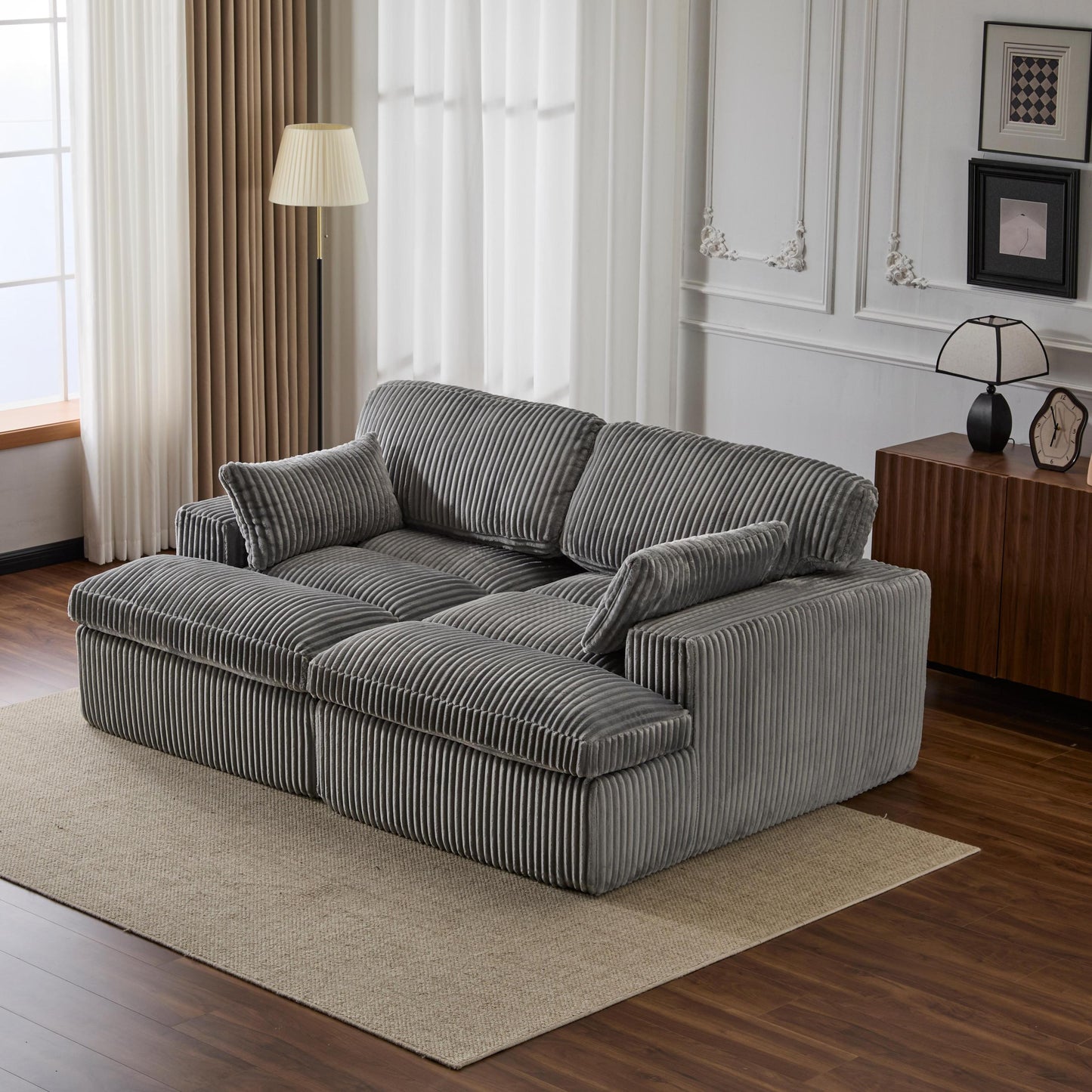 NEW Indoor Grey Corduroy Oversized Upholstered Double Chaise Lounge Chair Oversized Upholstered Sleeper Cloud Couch Deep Seat Luxury Sectional Sofa Bed Chaise Lounge