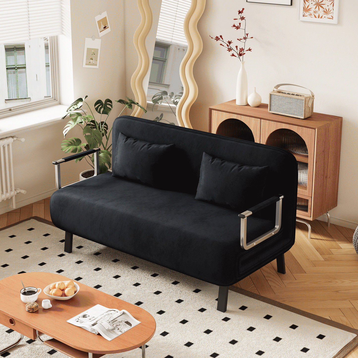 NEW Velvet Black 55″ Convertible Chair Tri-Fold Sofa Bed Leisure Chaise Lounge Couch Sleeper with with Adjustable Backrest Pillow and Sturdy Steel Frame