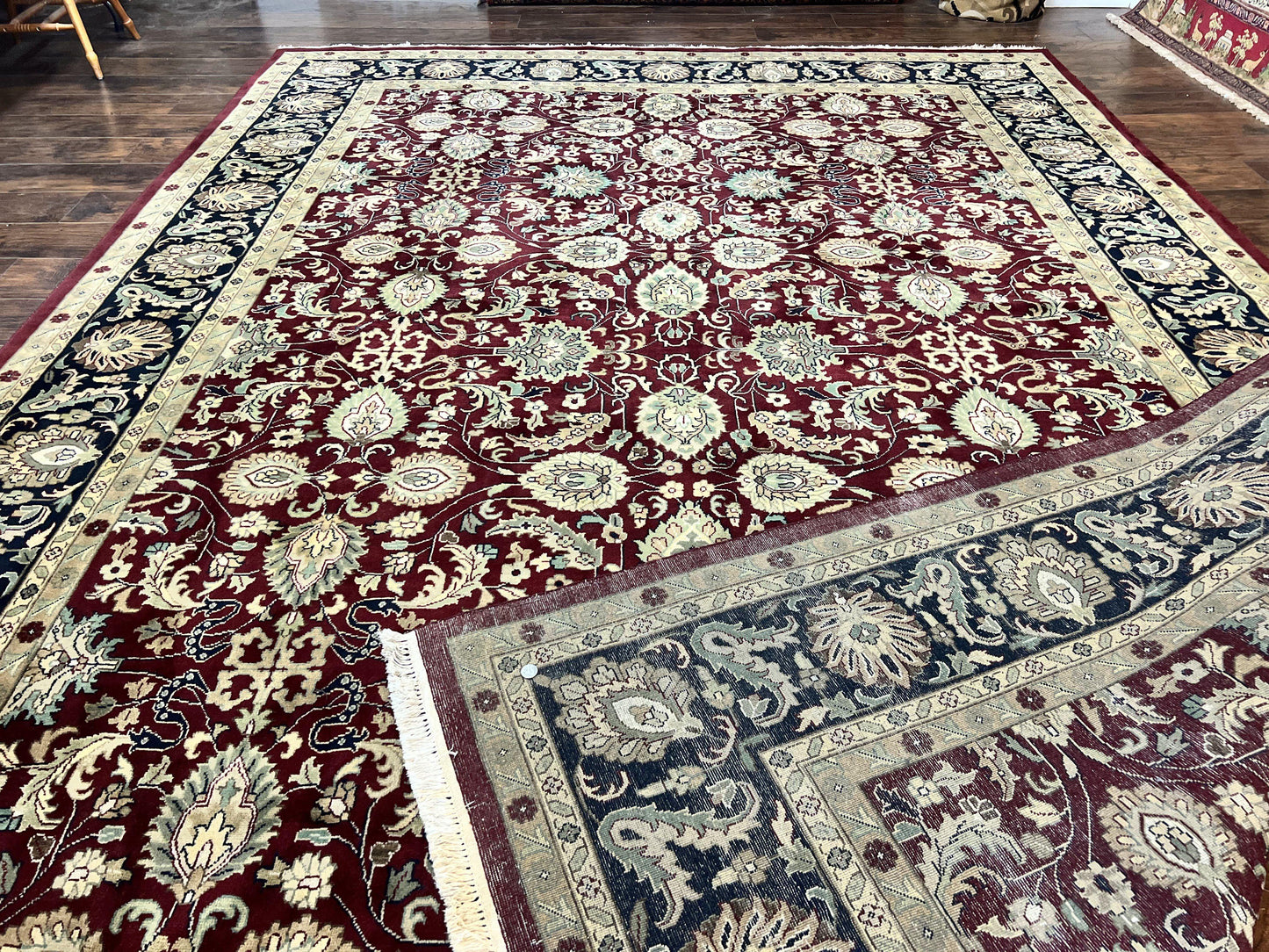 USED Indo Persian Rug 10x14, Floral Allover, Maroon, Handmade Hand Knotted VIntage Wool Rug, Large Oriental Carpet