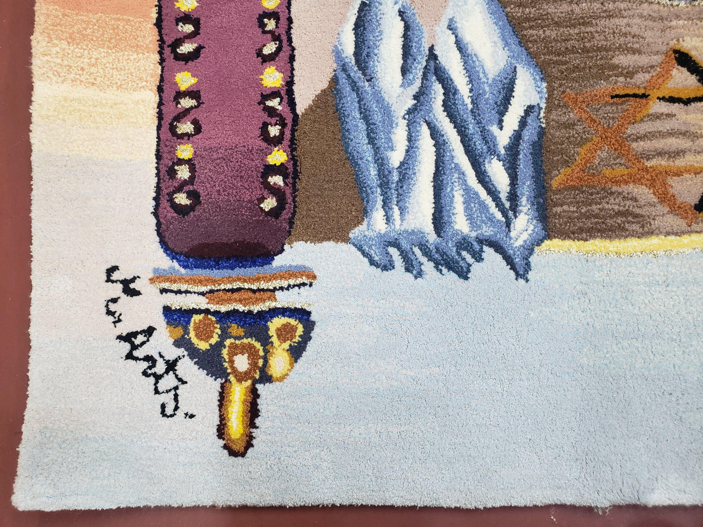 USED Vintage Judaica Pictorial Rug 3x5, Wool Hand-Tufted Israeli Signed Rug, Jerusalem Rug, Star of David Torah Scroll Verses, Chanuka Gift