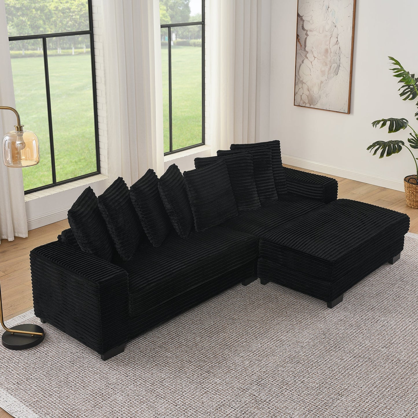 NEW Black Corduroy Tufted Upholstered L-Shaped Modular Convertible Sleeper Sectional Sofa Couch
