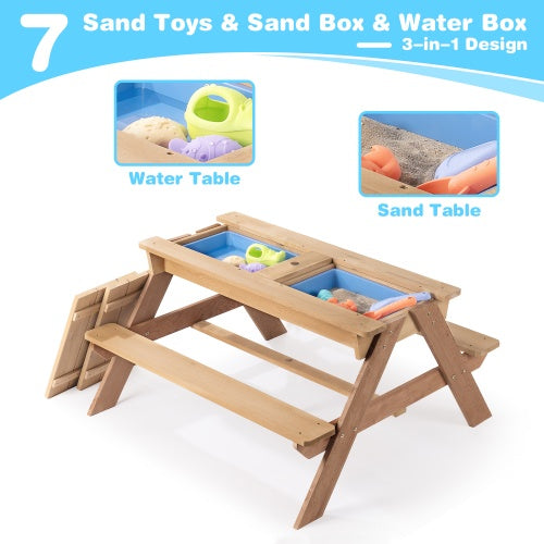 NEW 3-in-1 Kids Outdoor Cedar Wooden Picnic Table With Umbrella Convertible Sand Box And Water Kettle