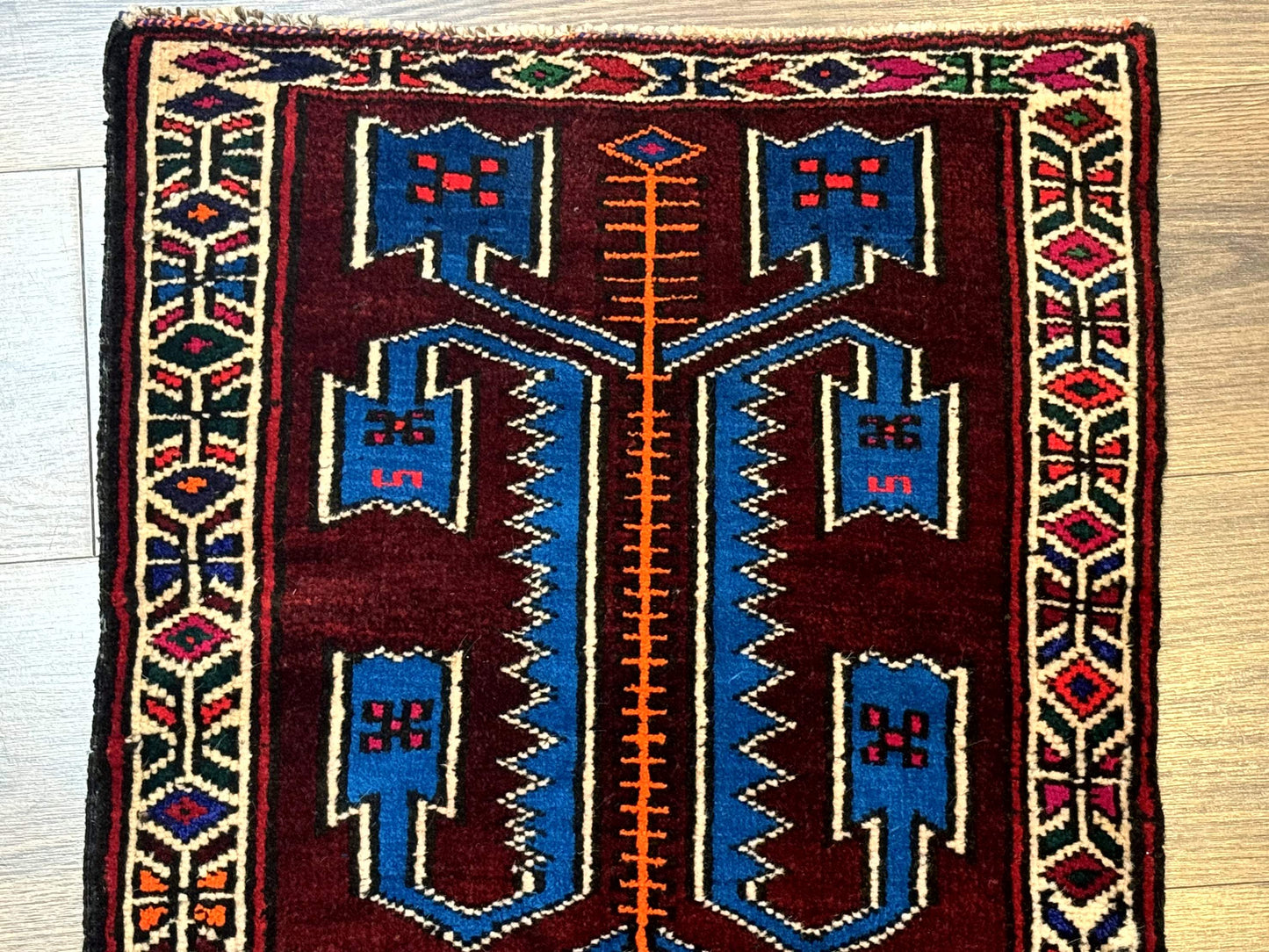 USED Persian Tribal Rug 1.8 x 2, Small Balouchi Rug, Unique Design, Burgundy and Blue