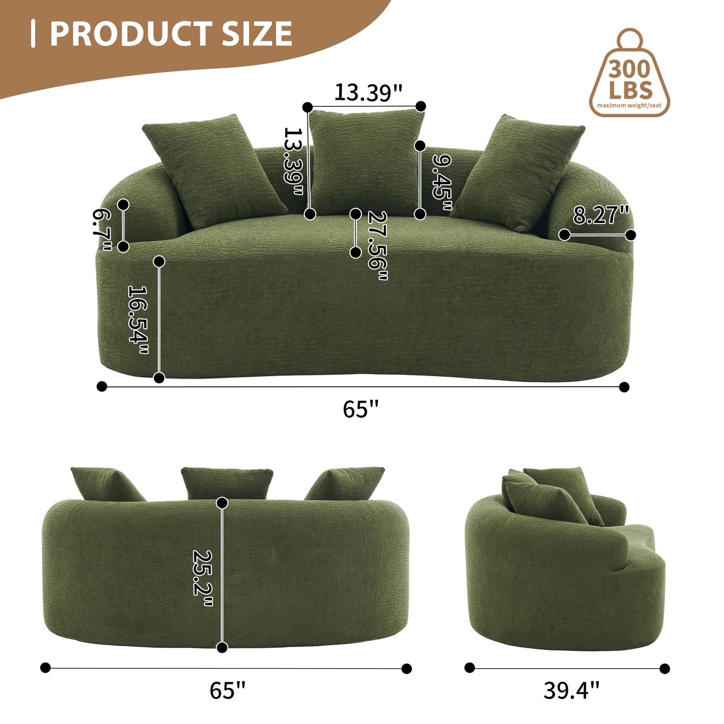 NEW Green Curved Loveseat: Compressed No Assembly, Chenille Small Sofa, 30D Sponge, Compact for Apartments, 65' L, 300Lbs, 3 Pillows