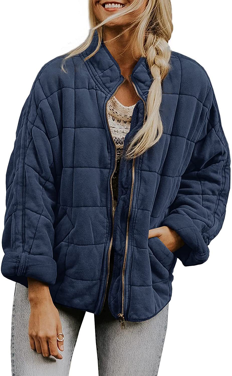 New Winter Zip-up Stand Collar Coat With Pockets Fashion Solid Color Plaid Long Sleeved Jacket Women's Clothing