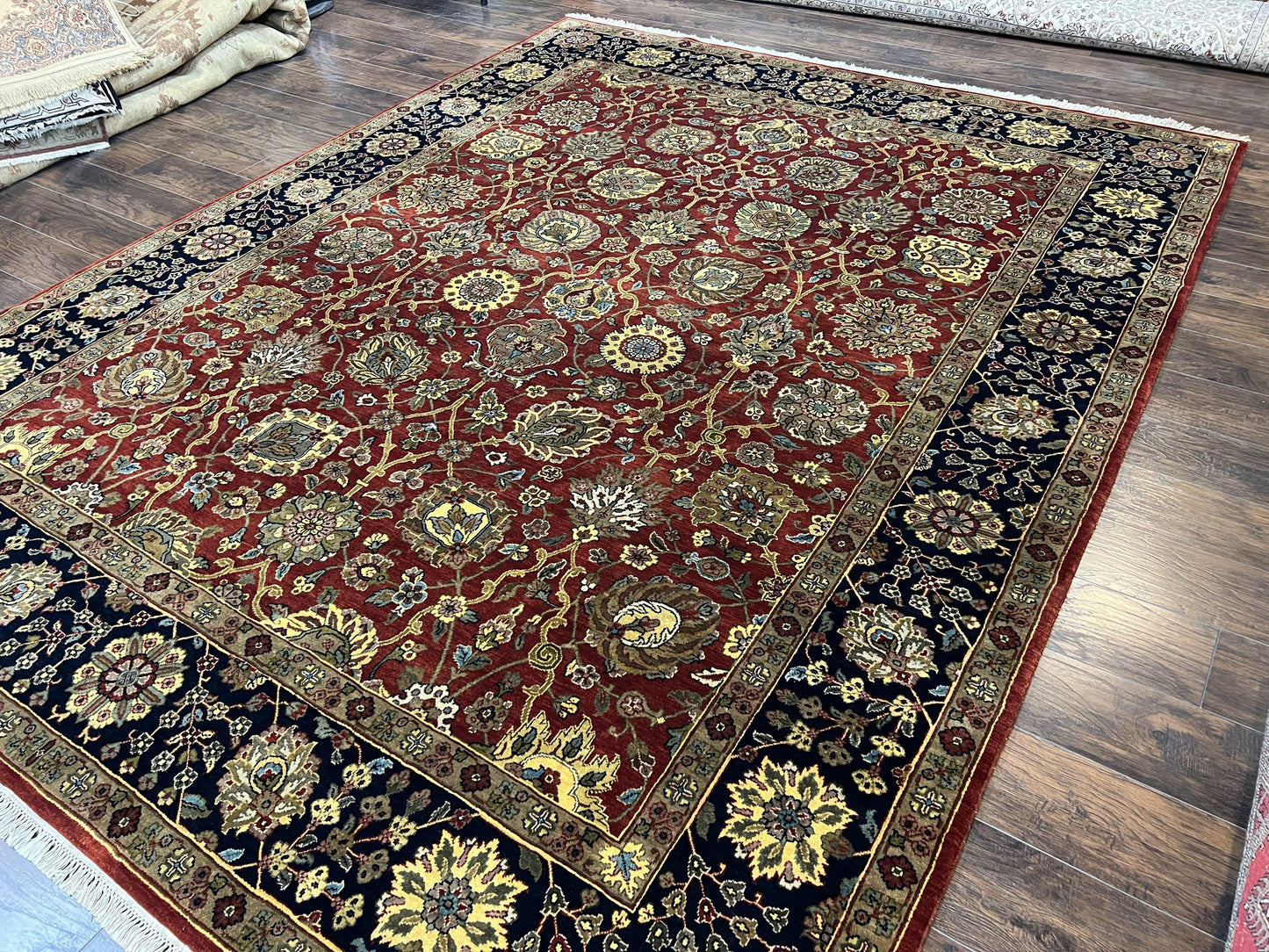 USED Indo Persian Rug 9x12, Hand Knotted Traditional Indian Wool Oriental Carpet 9 x 12 ft, Maroon and Navy Blue, Floral Allover 9x12 Vintage Rug