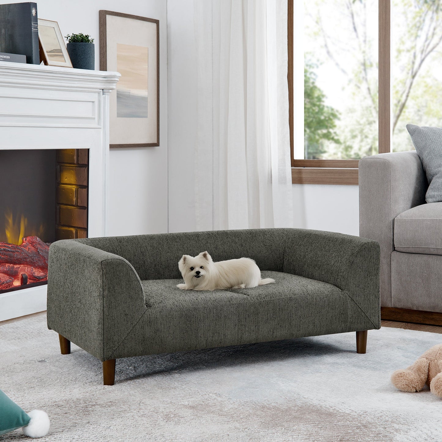NEW Modern Rectangular Pet Sofa with Backrest and Armrests, Soft Cushion, Dark Grey Linen, Rubber Wood Frame
