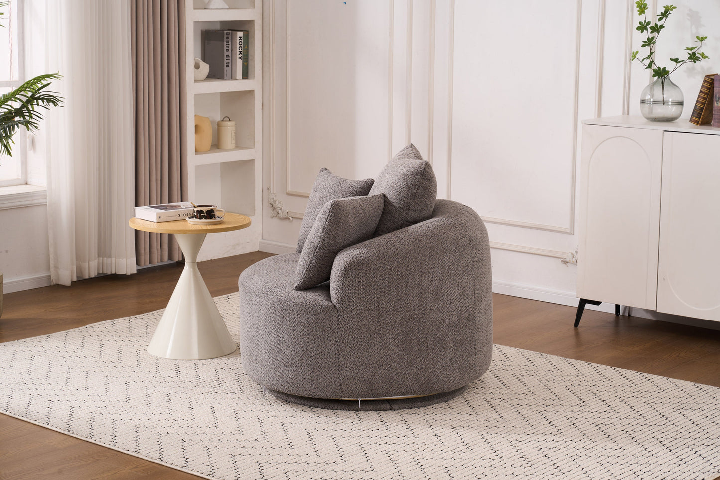 NEW 360° Swivel Round Grey Upholstered Accent Barrel Chair with 3 Removable Pillows