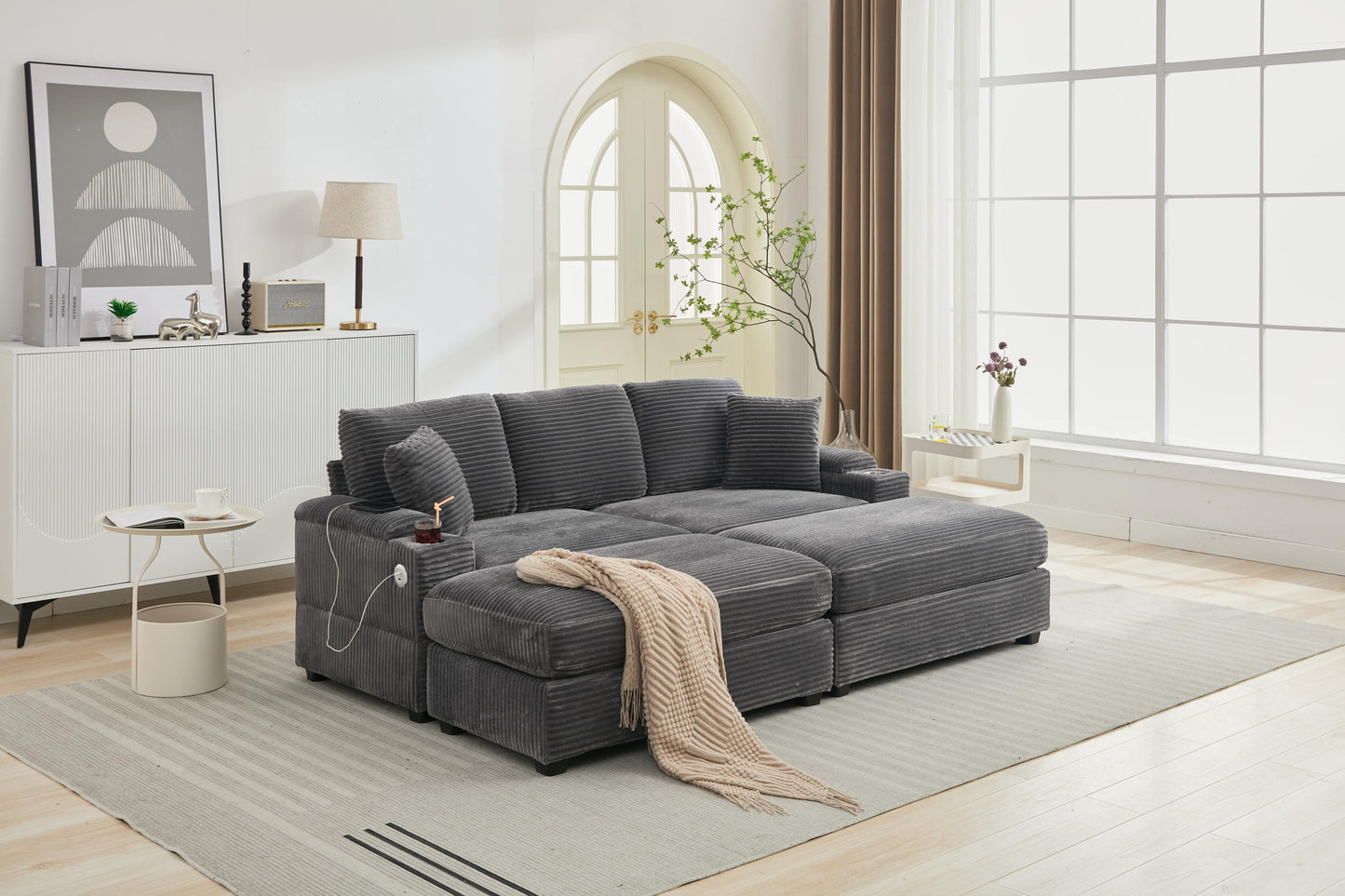 NEW Combination Modular Convertible Sectional Sofa Bed Set with Armrest Storage Stainless Steel Cup Holder USB