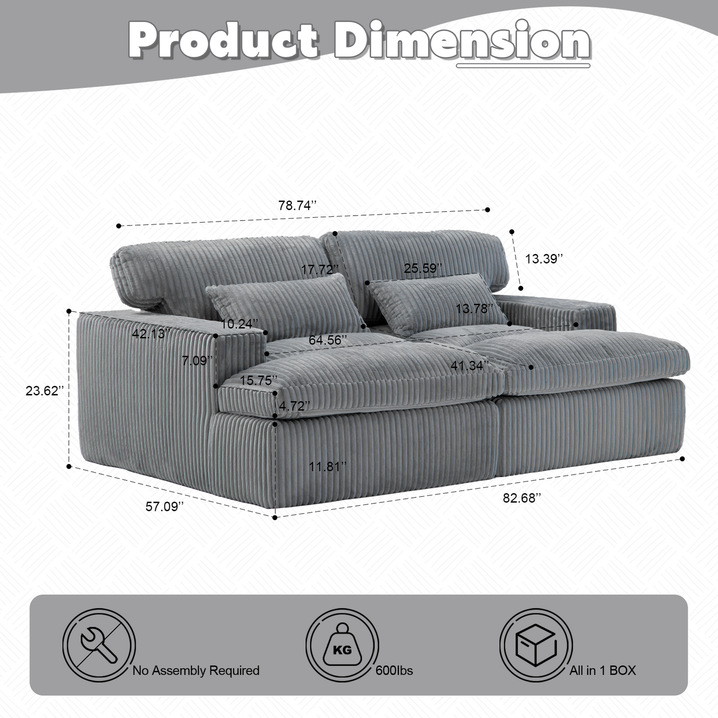NEW Indoor Grey Corduroy Oversized Upholstered Double Chaise Lounge Chair Oversized Upholstered Sleeper Cloud Couch Deep Seat Luxury Sectional Sofa Bed Chaise Lounge