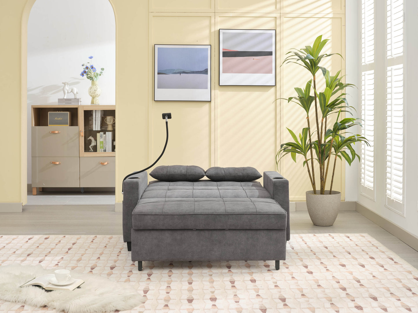 NEW Dark Grey Cloth Fabric 2 Seater Loveseat Recliner Sofa Bed with Adjustable Backrest USB and Cupholders