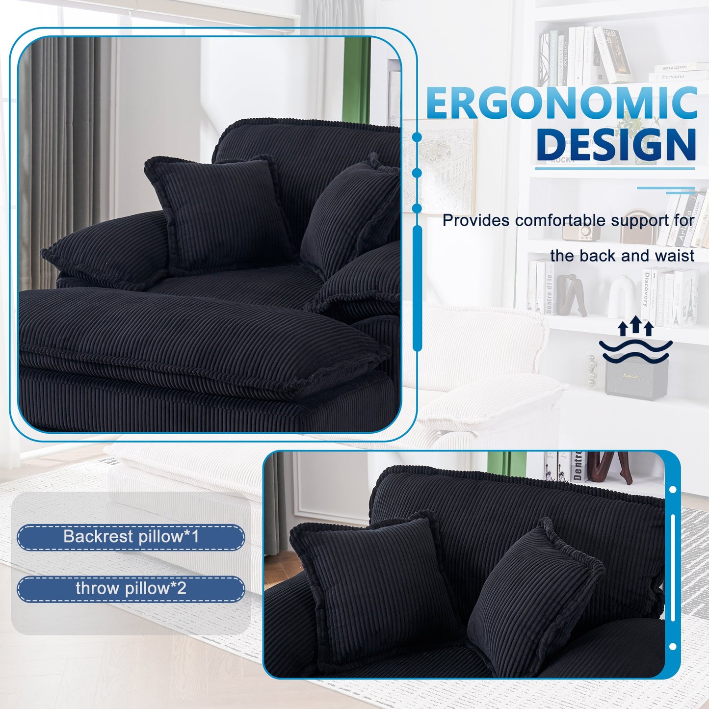 NEW 56.3 Inch Corduroy single sofa With  2 toss pillows and a ottoman ,Comfy Sofa- Deep Seat Couch for Living Room