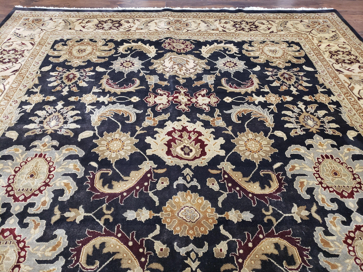 USED Indo Mahal Rug 8x12, Indian Sultanabad Handmade Area Rug, Vintage Hand-Knotted Wool Black Floral Traditional Oriental Dinning Room Rug