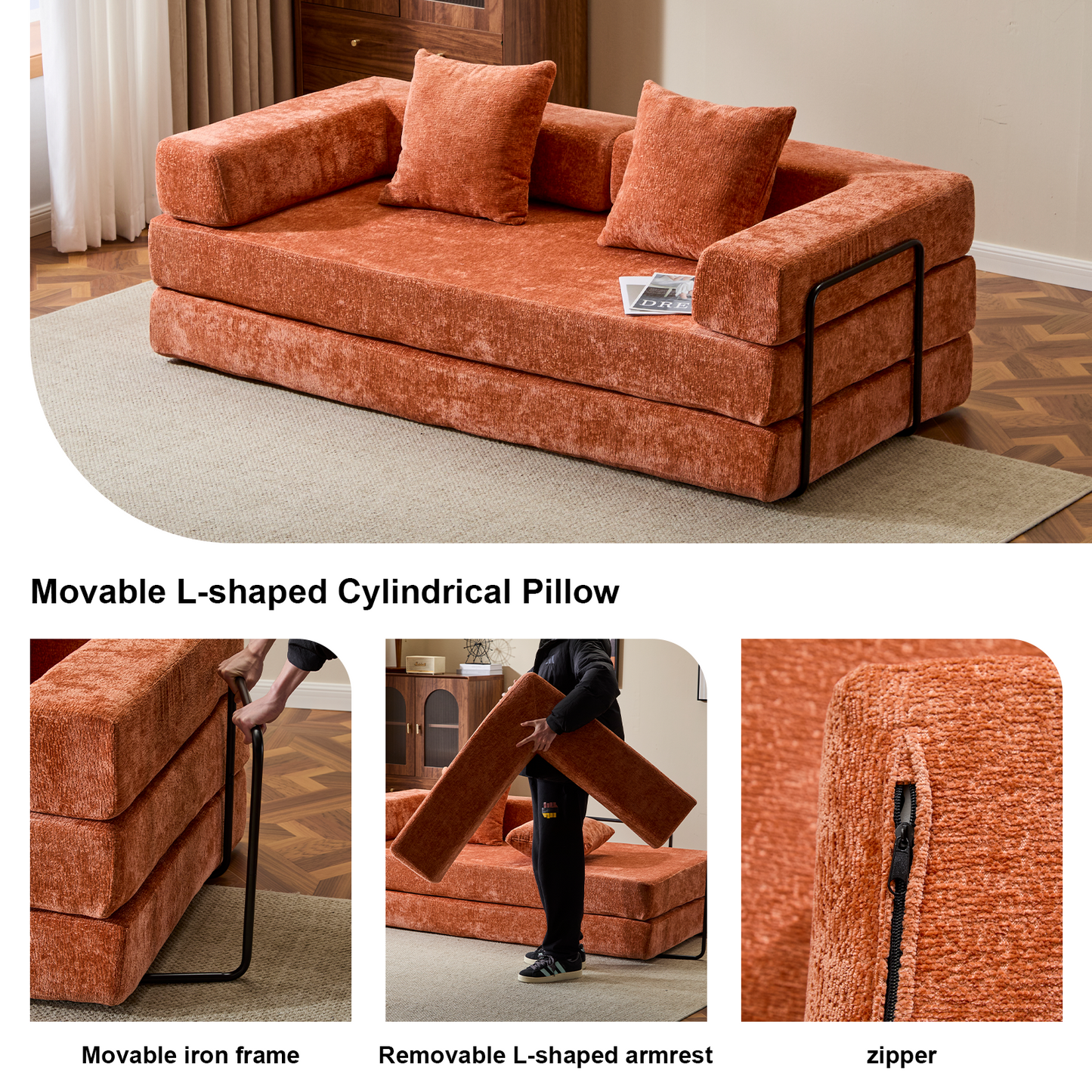 NEW Orange Chenille Fabric Comfy Futon Couch Lounge Sleeper Compression Convertible Floor Sofa Bed Couch with Pillow Back Support Armrest Bed