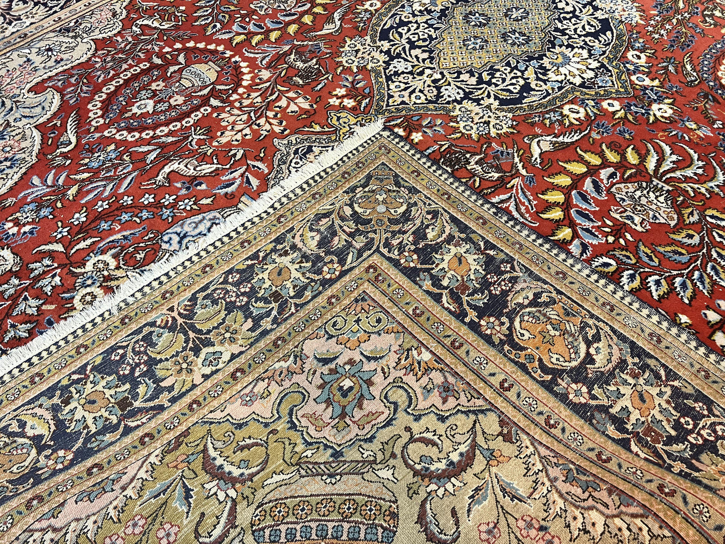 USED Wonderful Persian Qum Rug 10x14, Wool w/ Silk Highlights, Hand Knotted Semi Antique Vintage Carpet, Red, Floral, Fine Weave, Birds Deer Pictorials