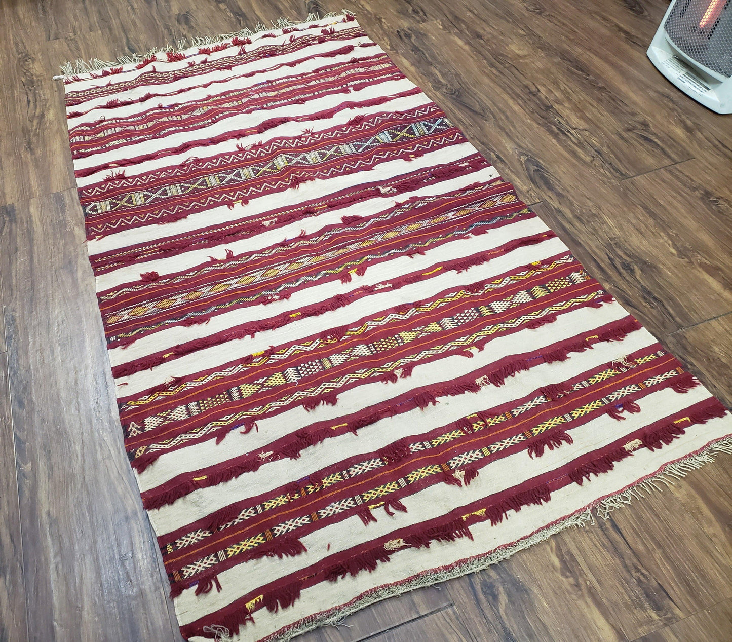 USED Antique Turkoman Yamud Rug 3x5 ft, 1920s Turkmen Sofreh Table Cover, Bohemian Rug, Tribal Collectible, Striped Rug, Handmade Ivory and Red