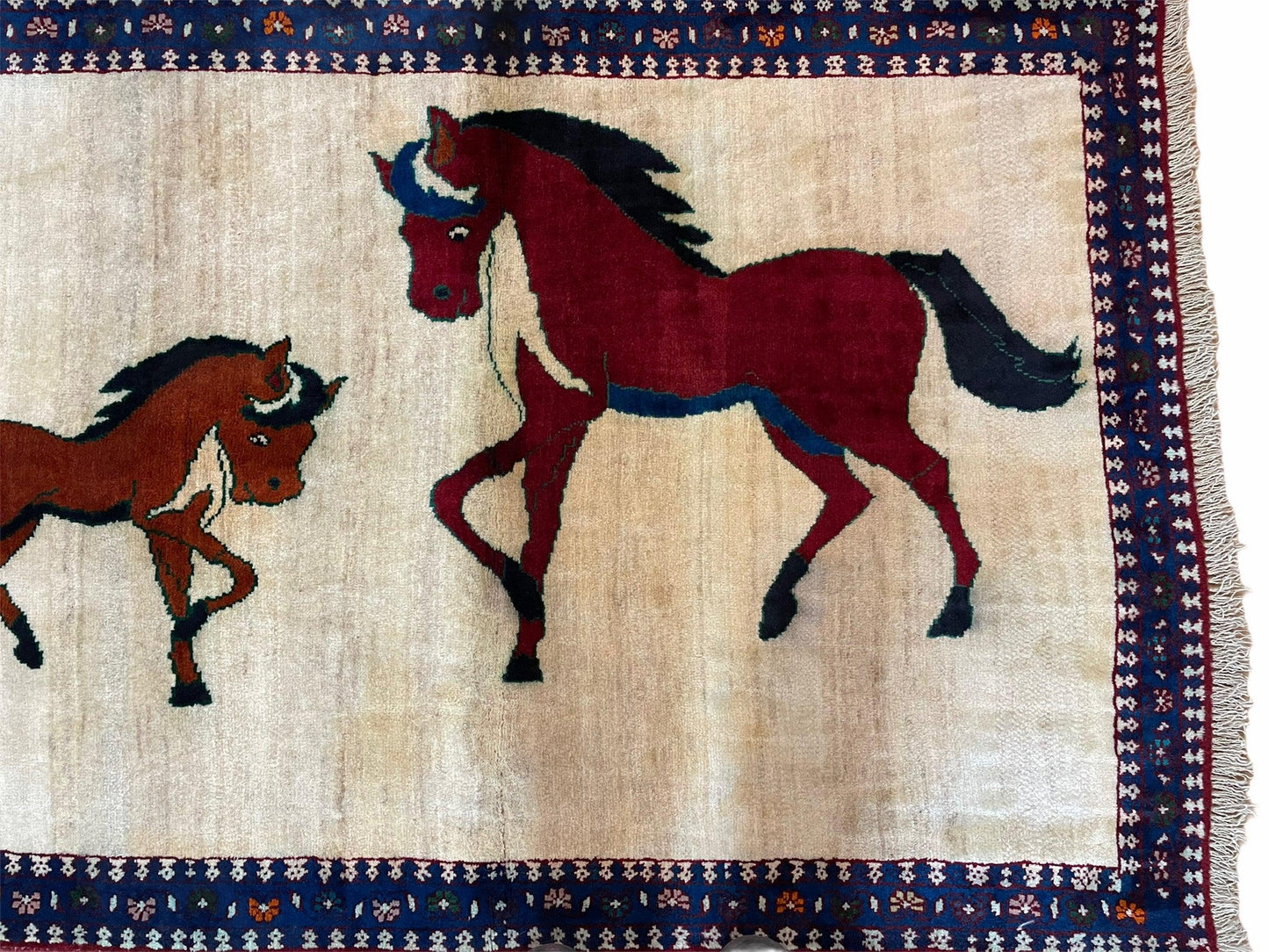 USED 3.5 X 5 Handmade Hand-Knotted Quality Wool Pictorial Brown Horses Animal Rug