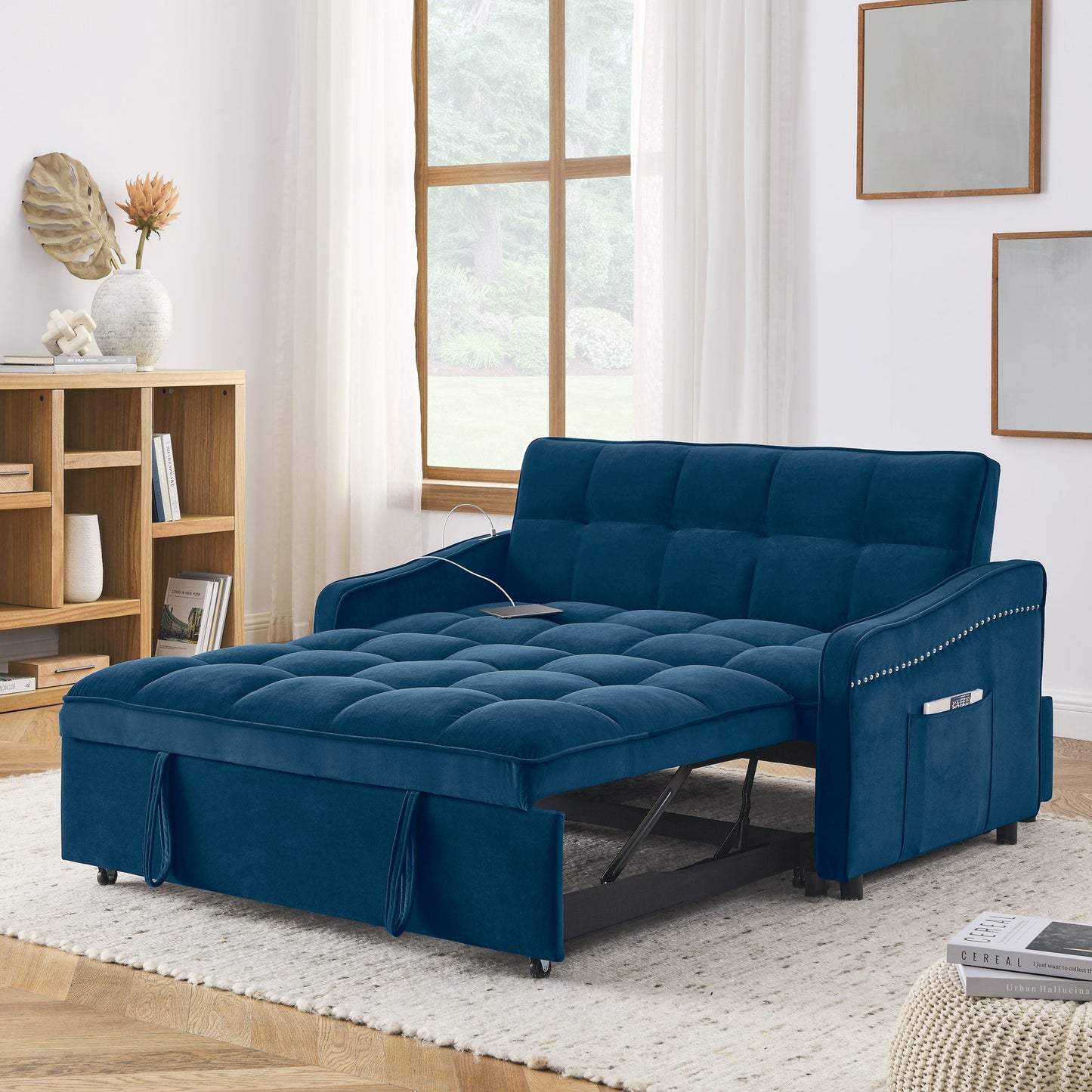NEW Blue Copper Nail Loveseat Sofa Bed with Pull-out Bed with Adjustable Back Two Arm Pocket TypeC and USB Charging