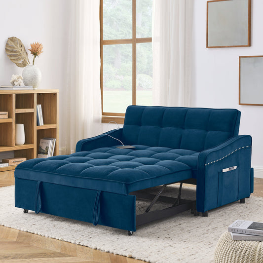 NEW Blue Copper Nail Loveseat Sofa Bed with Pull-out Bed with Adjustable Back Two Arm Pocket TypeC and USB Charging
