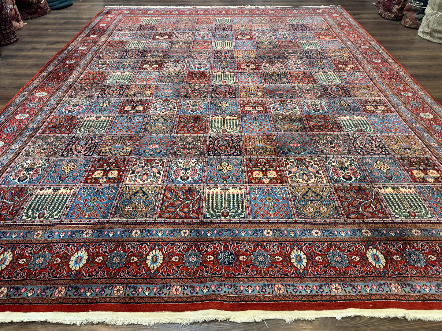 USED Wonderful Persian Qum Rug 10x13, Panel Design, Fine 260 KPSI, Signed, Red Multicolor