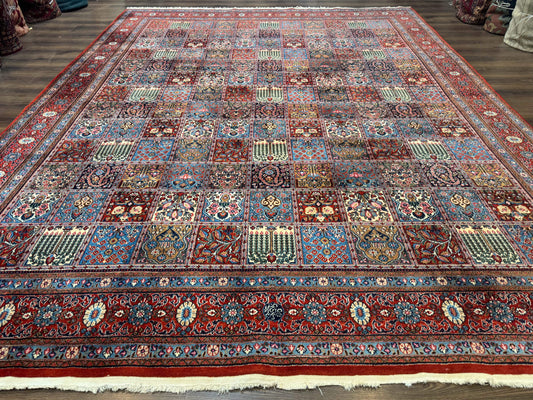 USED Wonderful Persian Qum Rug 10x13, Panel Design, Fine 260 KPSI, Signed, Red Multicolor