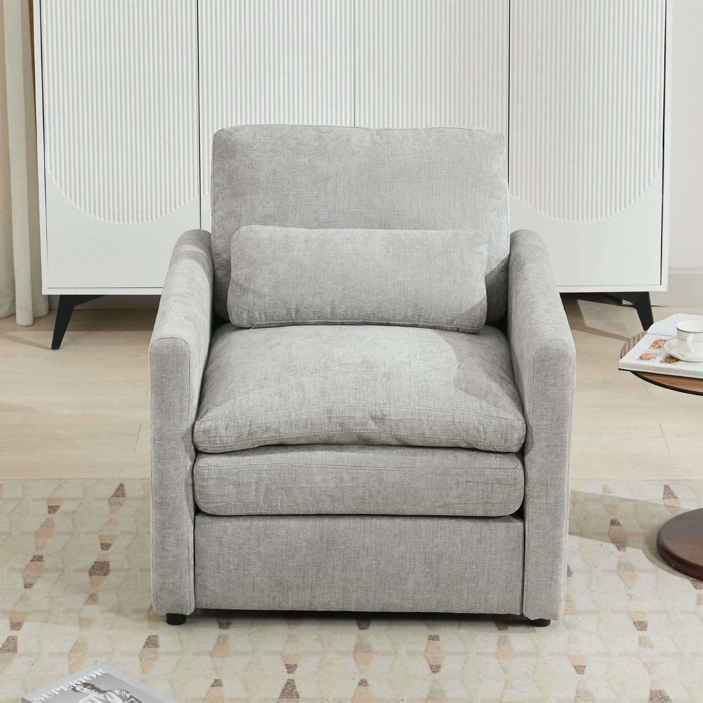 NEW Light Grey Chenille Cozy Upholstered Oversized Comfy Cloud Double Cushion Single Armchair Sofa